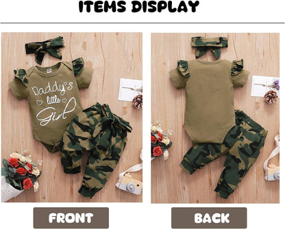 Newborn Baby Camouflage Outfit Daddys Girl Ruffle Romper Camo Pants Headband Set